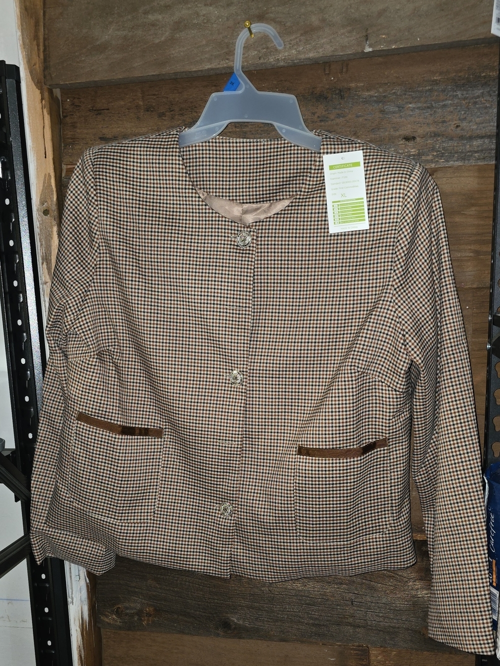 Checked Brown Collarless Women's Jacket